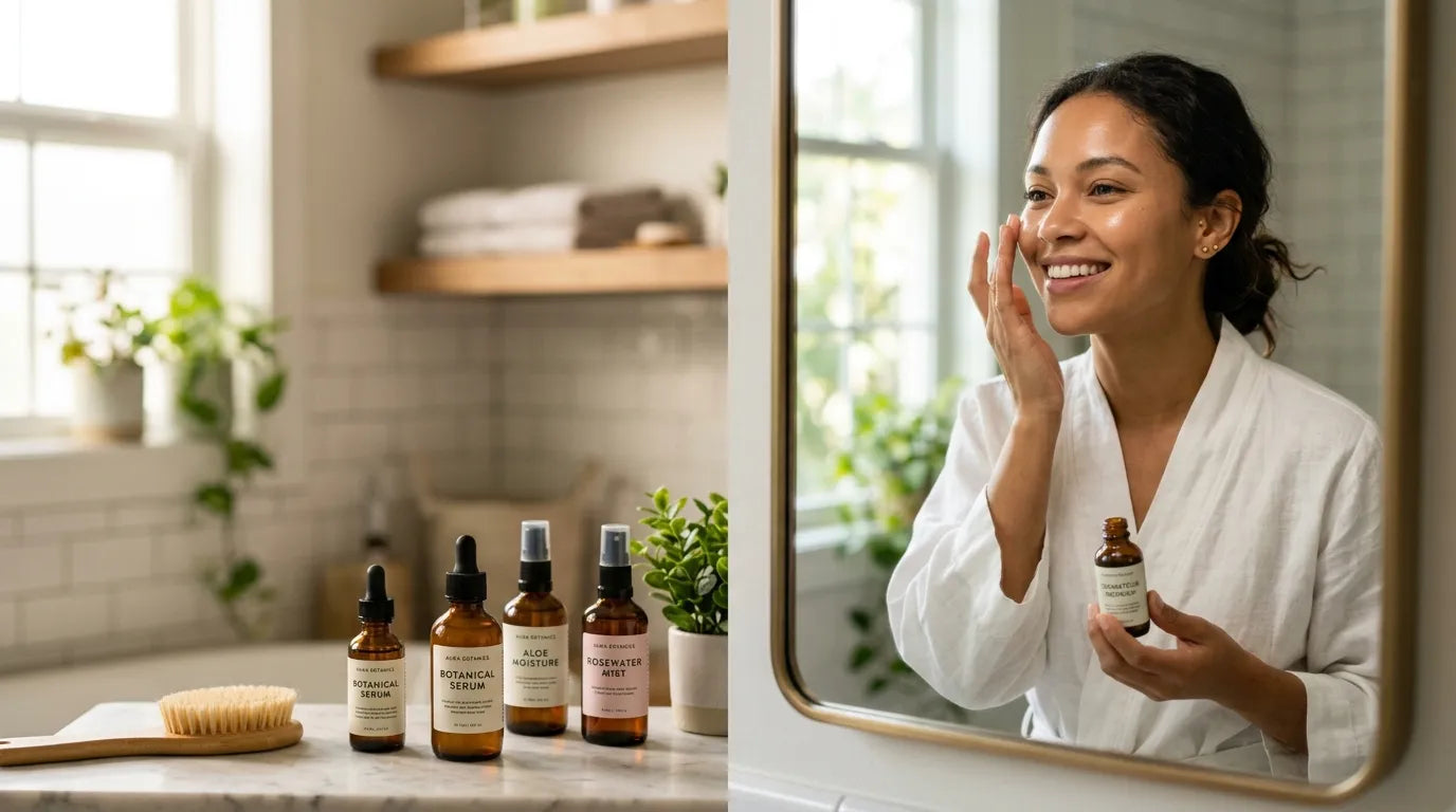 woman doing daily skincare in bathroom mirror