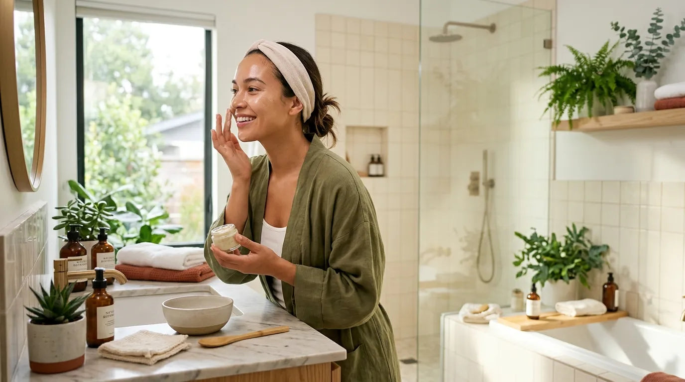 woman doing daily skincare in modern bahtroom