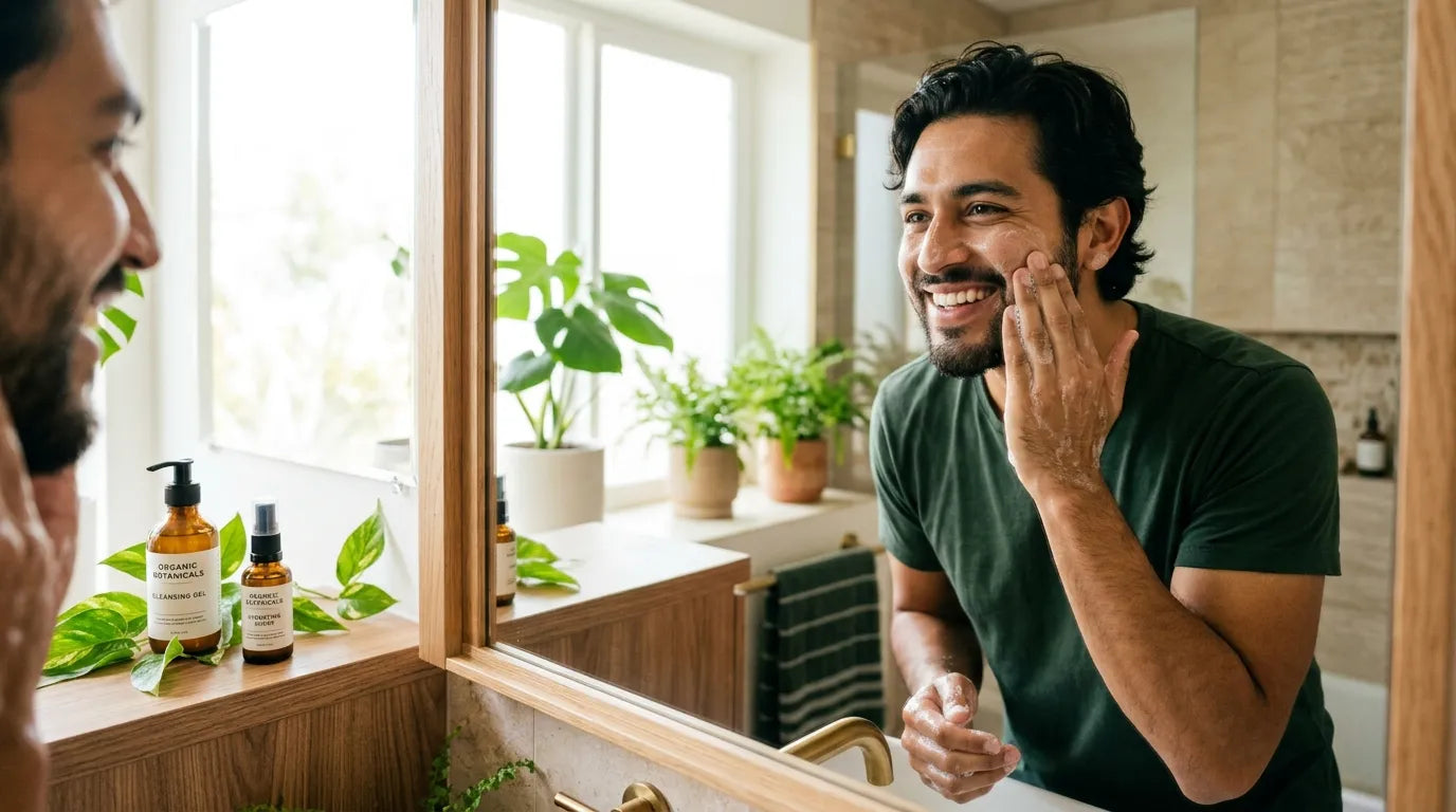man doing daily skincare in bathroom mirror