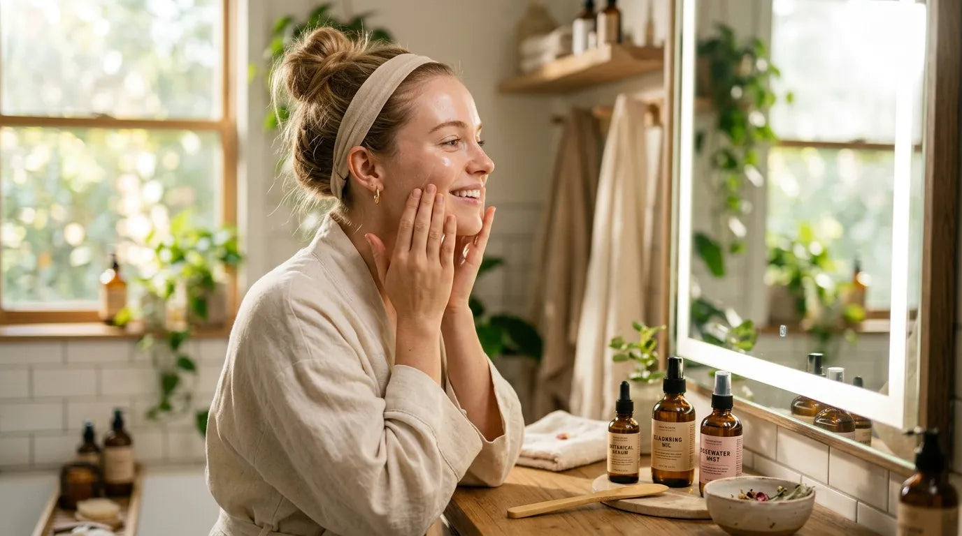 woman doing daily skincare in bathroom mirror